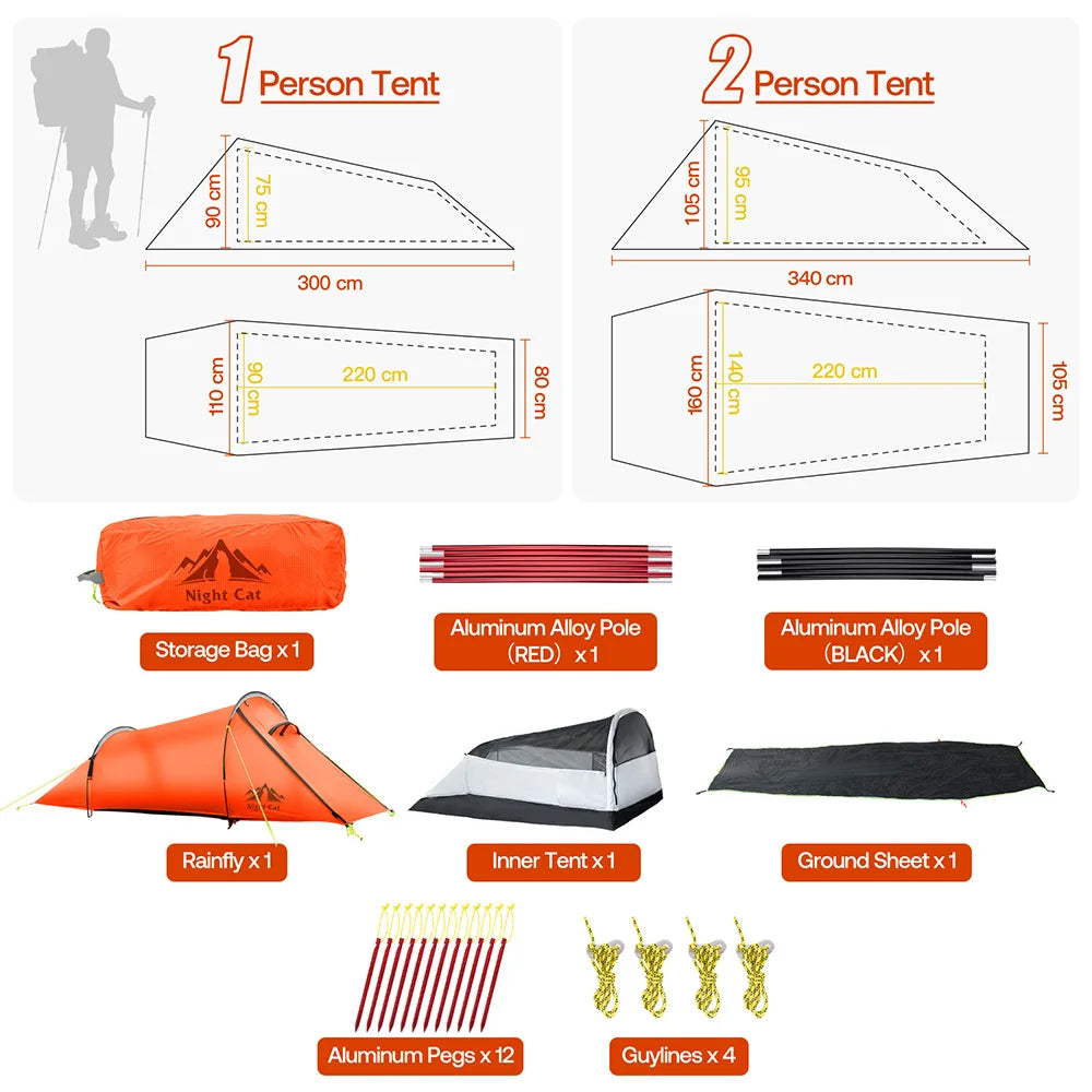 Night Cat Ultralight Tunnel Tent: Waterproof Lightweight 1 People Backpacking Tent for Outdoor Camping Hiking Treeking