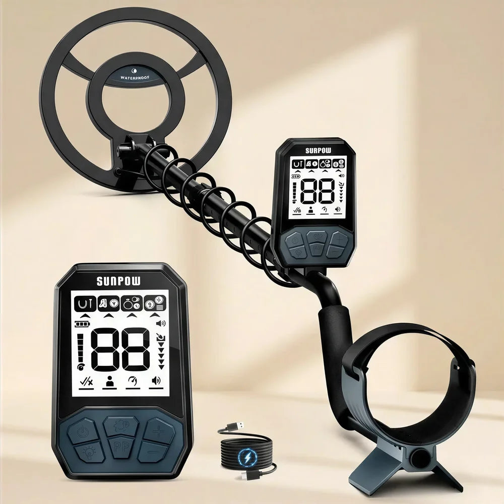 SUNPOW Metal Detector, Entry Level for Kids & Adults, 8" IP68 Waterproof Coil, Rechargeable 4 Modes 20H Runtime Lightweight LCD, Family Outdoor Beach Treasure Hunting