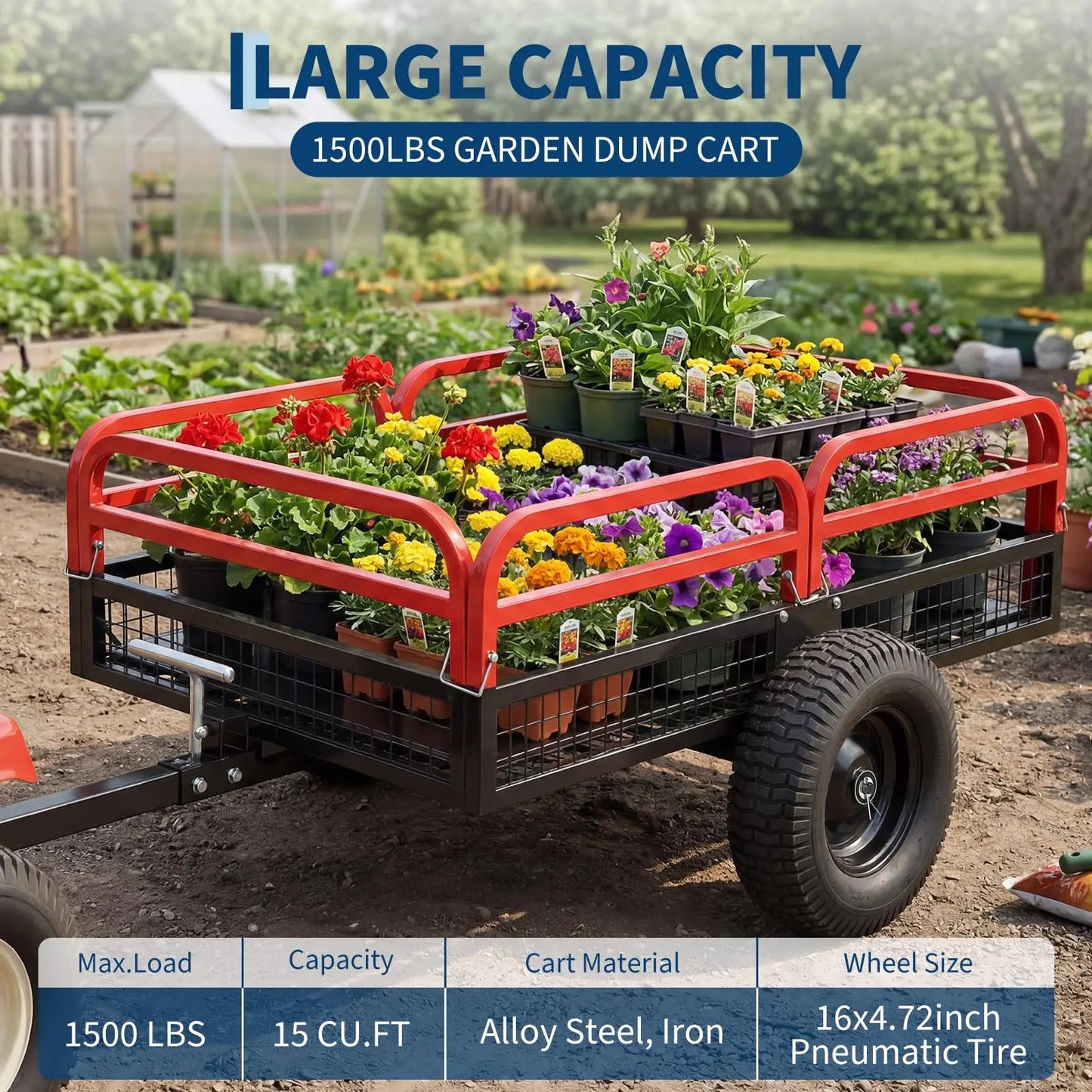 Acekool Heavy Duty Steel Garden Dump Trailer For ATV UTV Lawn Tractor