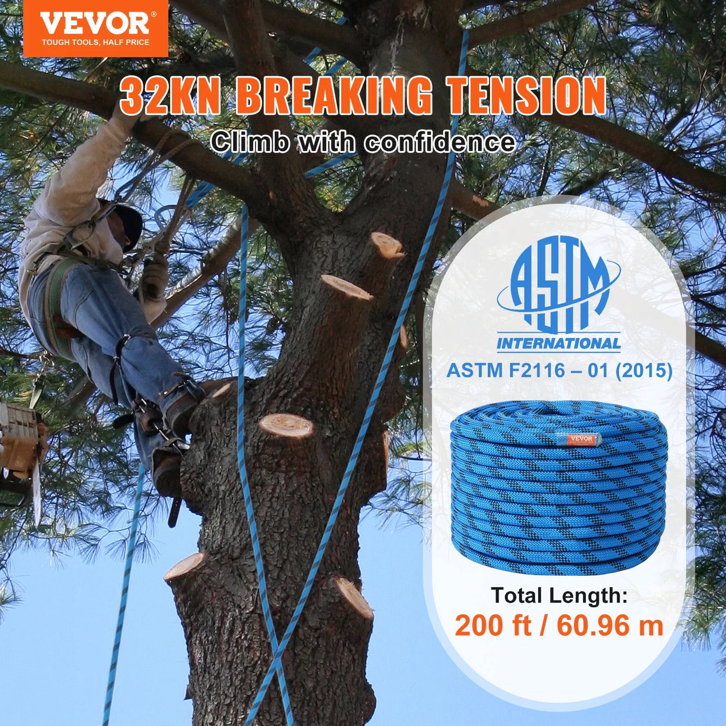 VEVOR Static Climbing Rope 32 Kilonewton Breaking Strength With Steel Snap Hooks