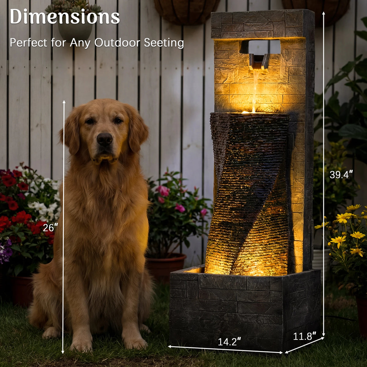 Outdoor Cascading Water Fountain with LED Lights, 14.2''W X 11.8''D X 39.4''H, 2-Tier Cascading Waterfall Feature with Adjustable Flow Pump for Patio, Backyard & Garden