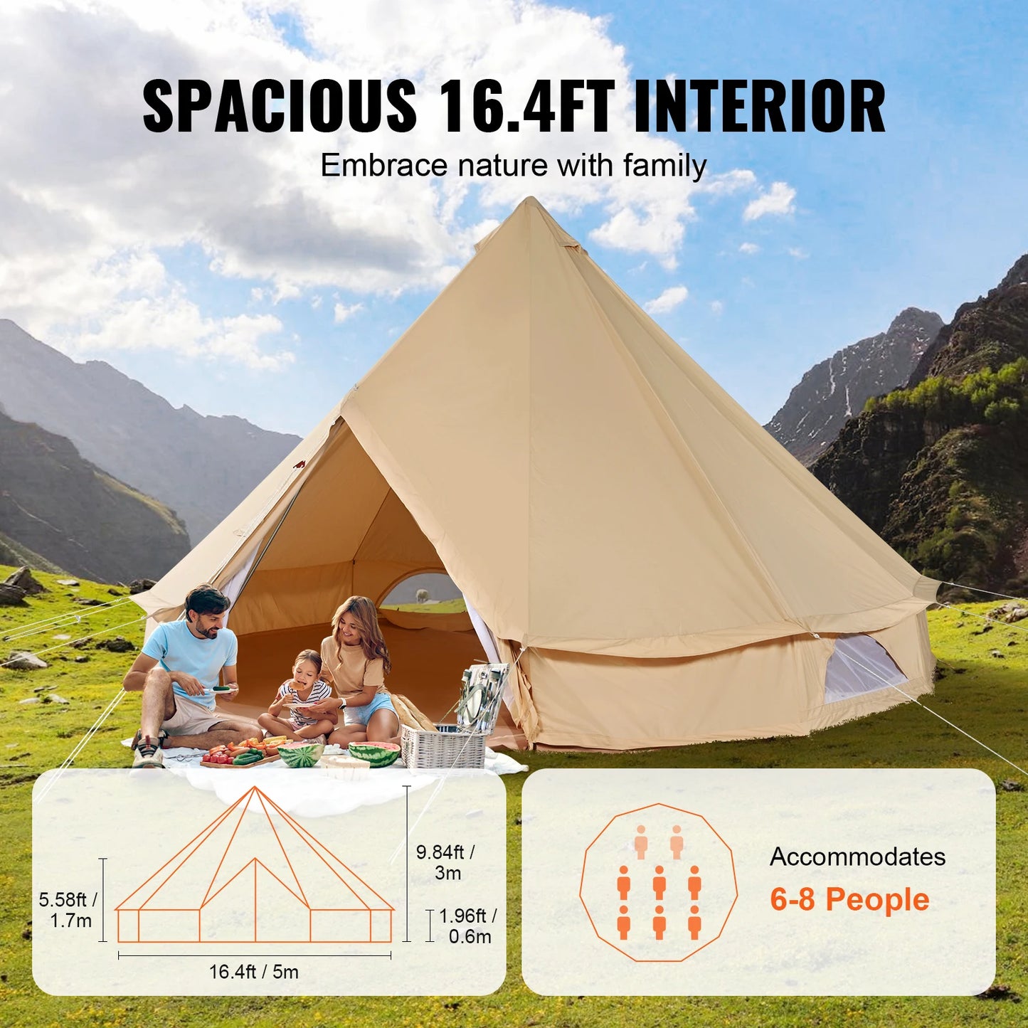 SucceBuy Breathable Canvas Bell Tent For Camping Holds Up To 8 People