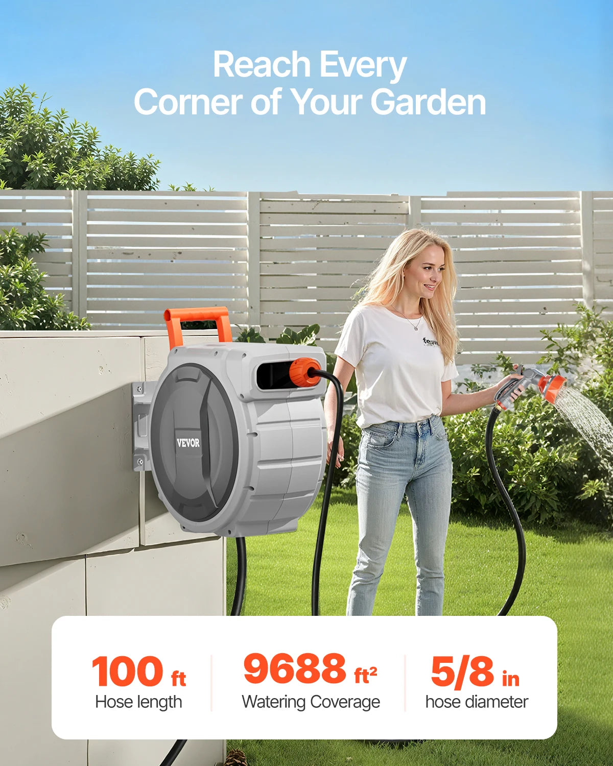 VEVOR Retractable Garden Hose Reel 5/8 Inch x 100 ft Wall Mounted Hose Reel Heavy Duty Garden Hose Reel with 9 Patterns Nozzle