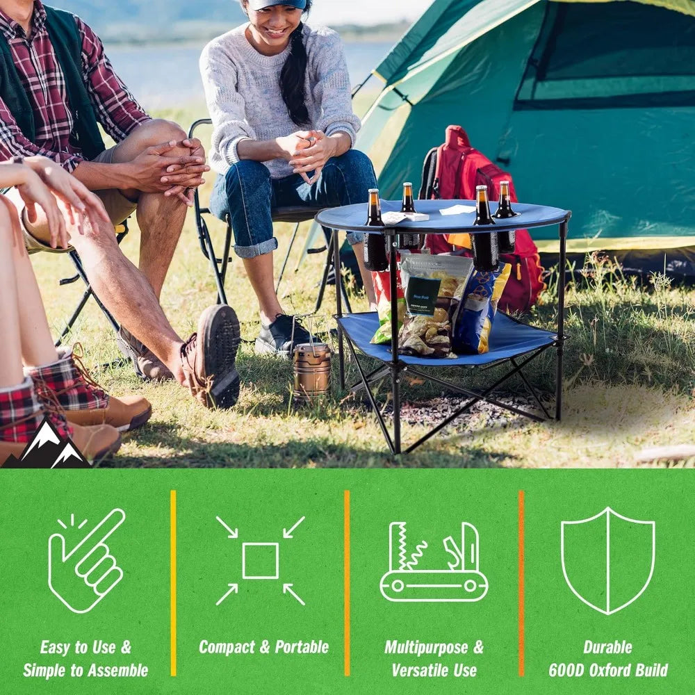 Round Two Tier Portable Folding Table With Cupholders Outdoor Use