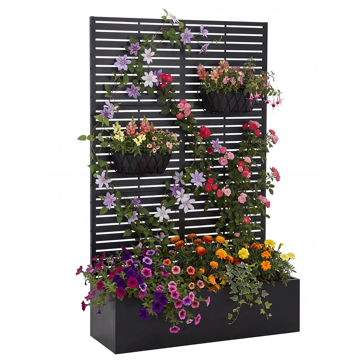 71in Tall Metal Raised Planter Box with Trellis & Privacy Screen Divider - Carbon Steel Outdoor Garden Bed - Drainage Holes - For Climbing Plants, Vines & Vegetables