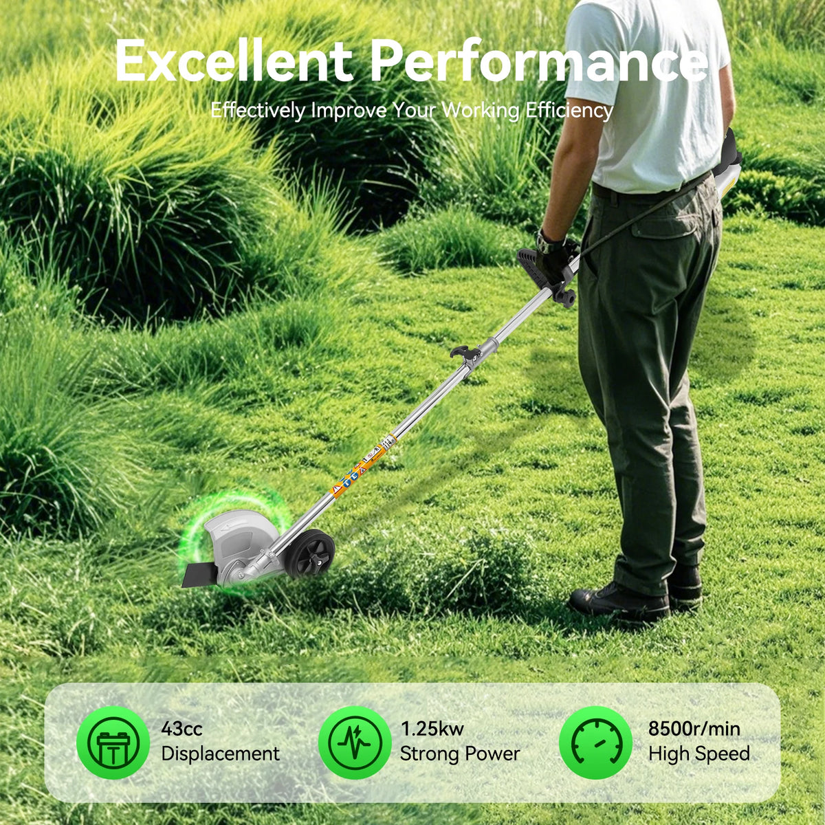 43cc 1.25kW Gasoline Brush Cutter, 2-Stroke Weed Wacker with 2 Blade Heads (Roller & Mowing), for Lawn, Orchard, Tea Garden, Rice Wheat Cutting, and Bush Clearing, 8500rpm High-Speed Grass Trimmer