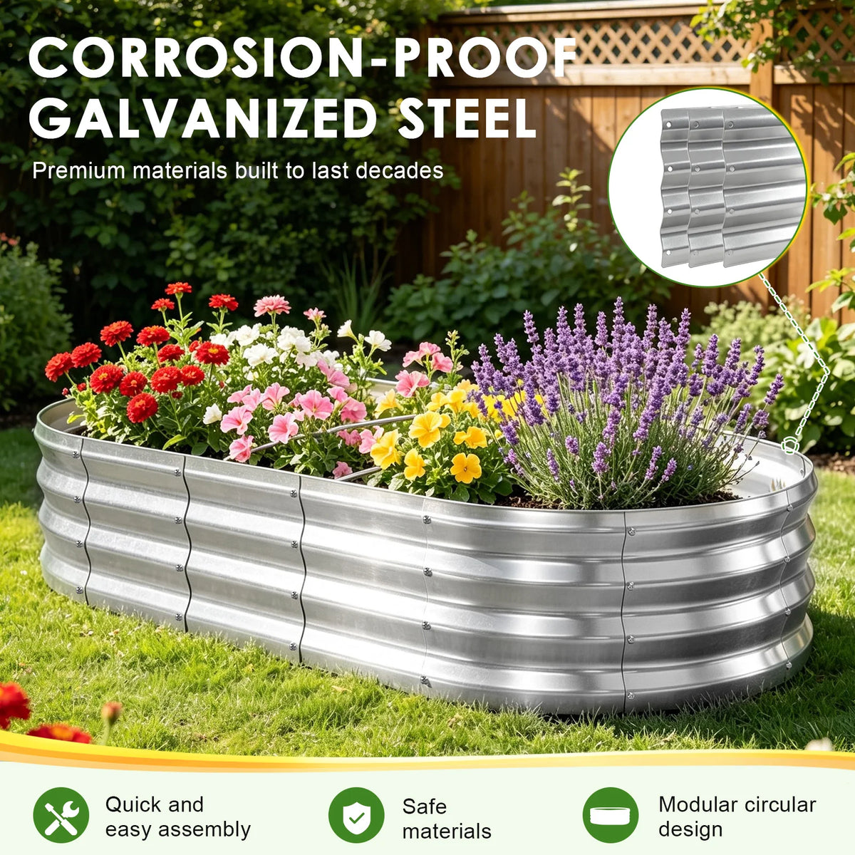 Galvanized Raised Garden Bed Outdoor, Large Raised Bed for Gardening, 6×3×1ft Metal Planter Box for Vegetables, Fruits, Flowers, Easy Assembly with Wing Nuts & Safe Rolled Design Silver/Light Green