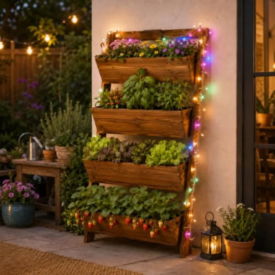 Outdoor Vertical Garden Planter For Herbs And Flowers, Wooden 4-Tier Wall-Leaning Design With Led Lights And Drainage, Natural