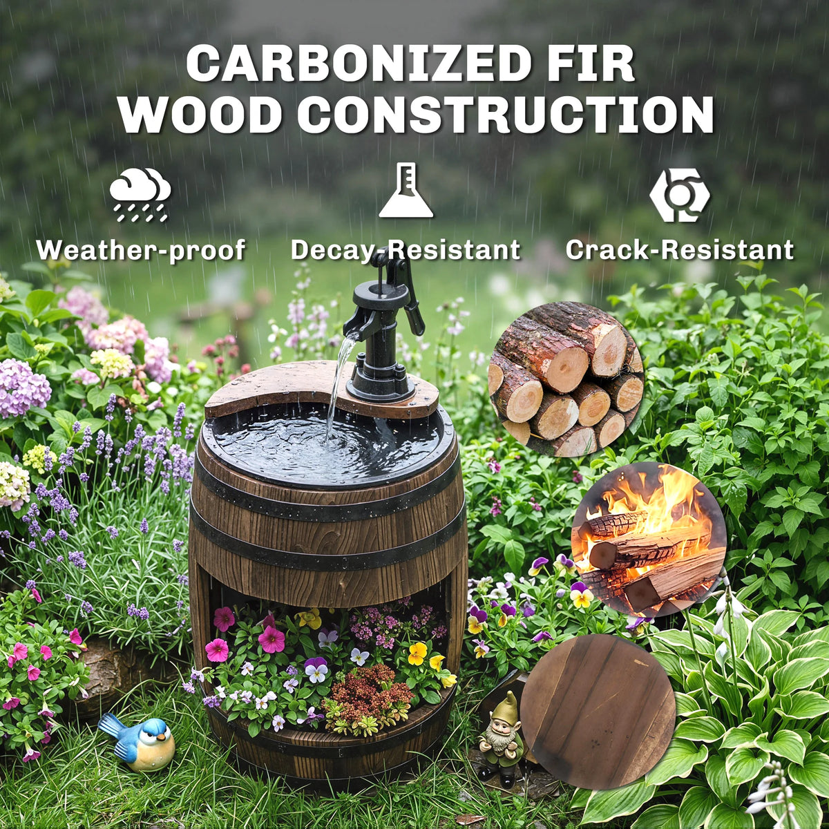 2 Tiers Outdoor Wooden Water Pump Fountain, Patio Decor, Durable Sturdy