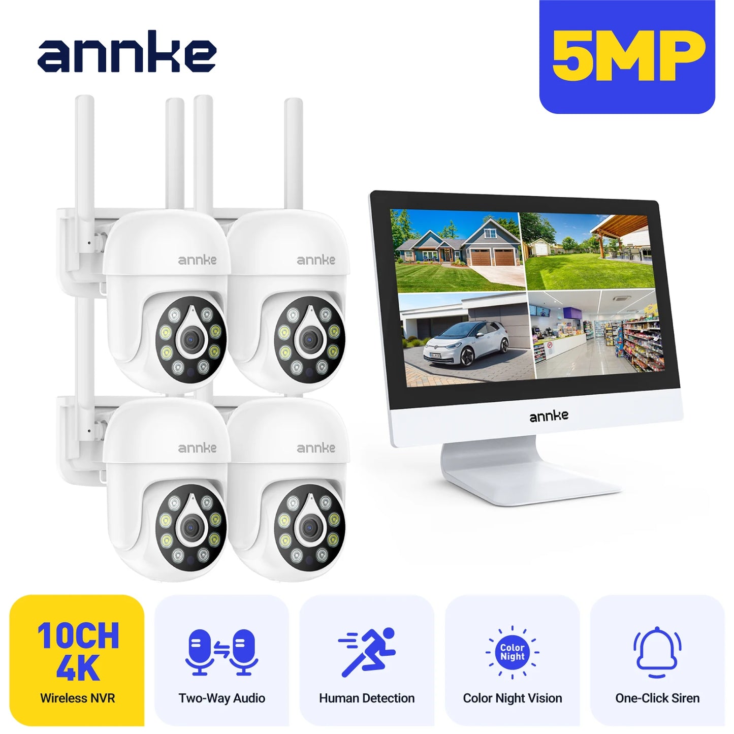 Annke 4MP solar security cameras 10CH 12 in LCD 2.4G 5.8G PTZ wifi security cameras PIR color night vision camera security wifi