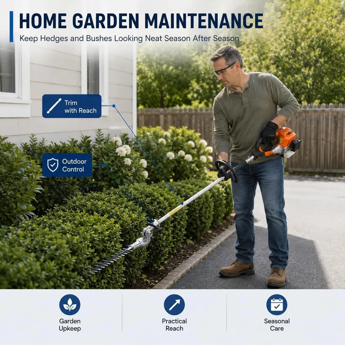 43cc Gas Hedge Trimmer 4 in 1 Garden Tool Long Reach Pole Trimmer Adjustable Cutting Head Brush Cutter Lawn Care Tool Quick Connect Attachment System