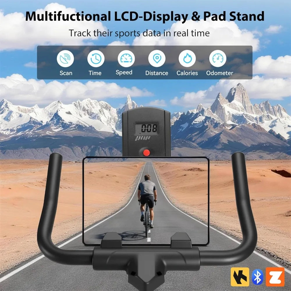 Exercise Bike, Magnetic Stationary Bike for Home with App Sync, Adjustable Seat and Handlebar, Transport Wheels, Fitness Courses for Weight Loss