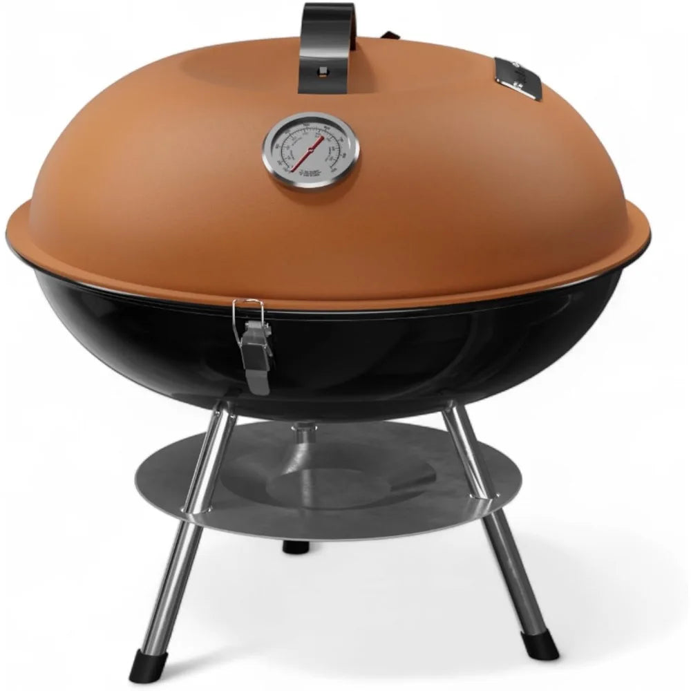 14" Portable Charcoal Grill w/Thermometer, 3-Lock Lid, Dual Vents, Compact for Backyard Camping Boat