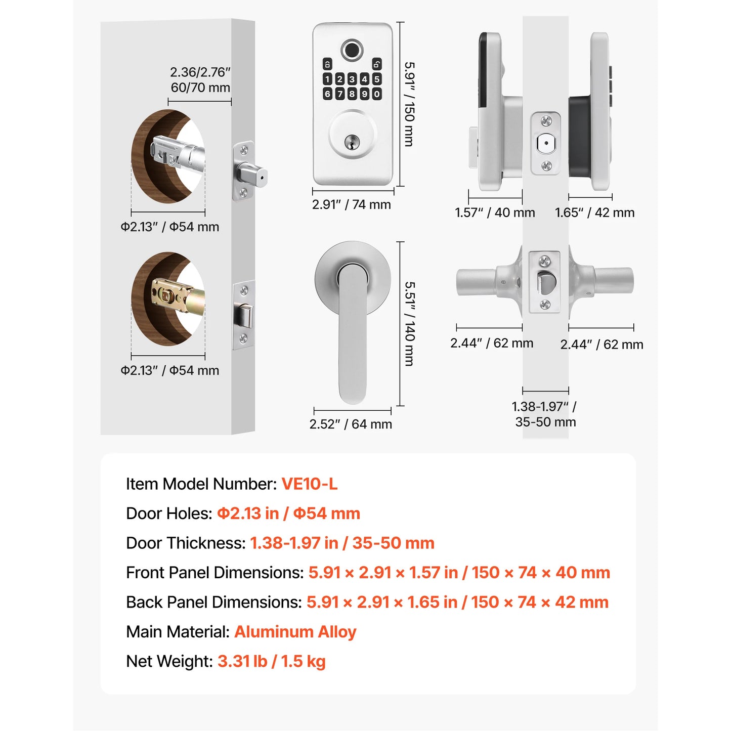SucceBuy Fingerprint Door Lock Set Electronic Biometric Deadbolt Keyless Entry Door with Handle Easy-Grip Matte Black/Silver