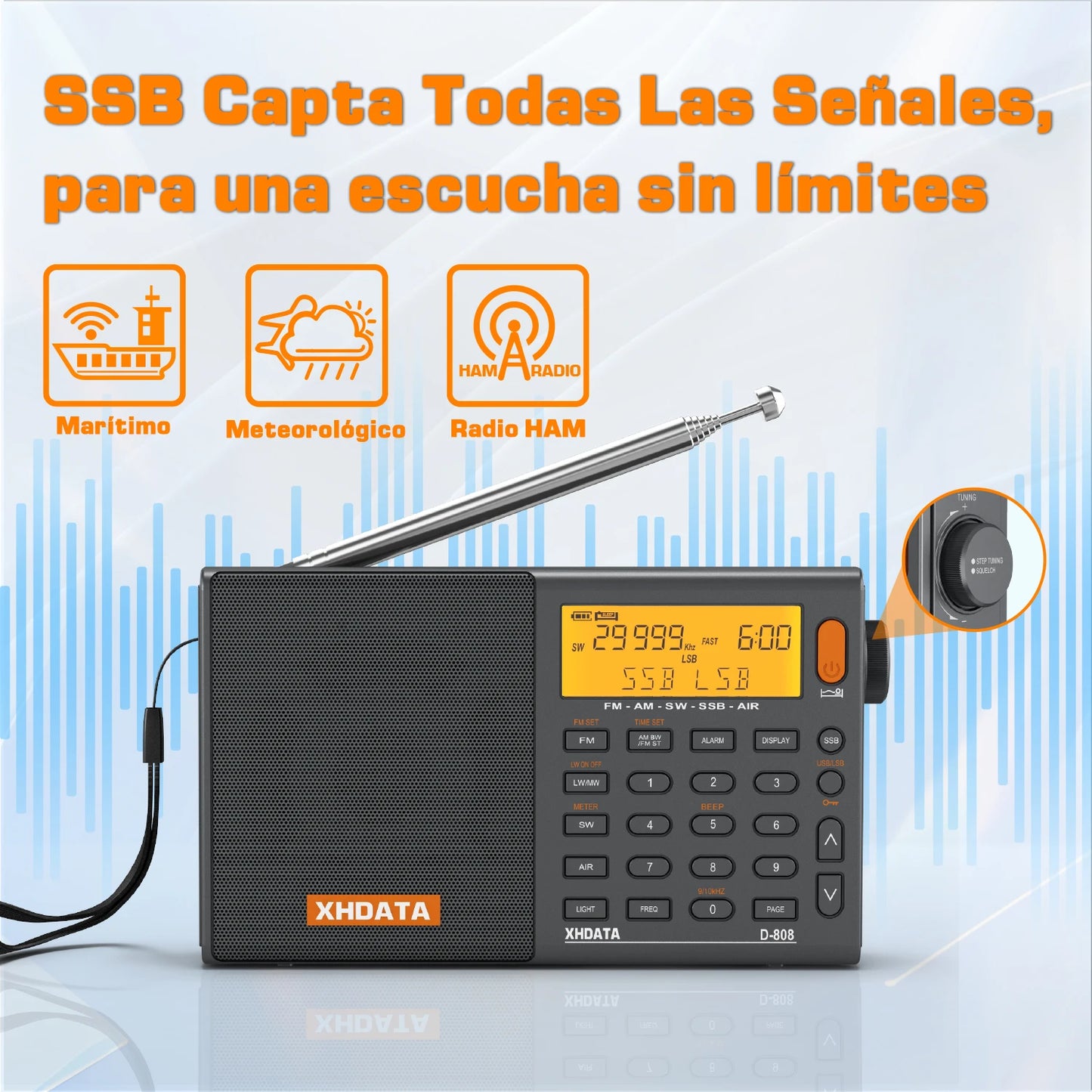 XHDATA D808 Portable Multiband Radio Receiver AM FM SW MW SSB RDS