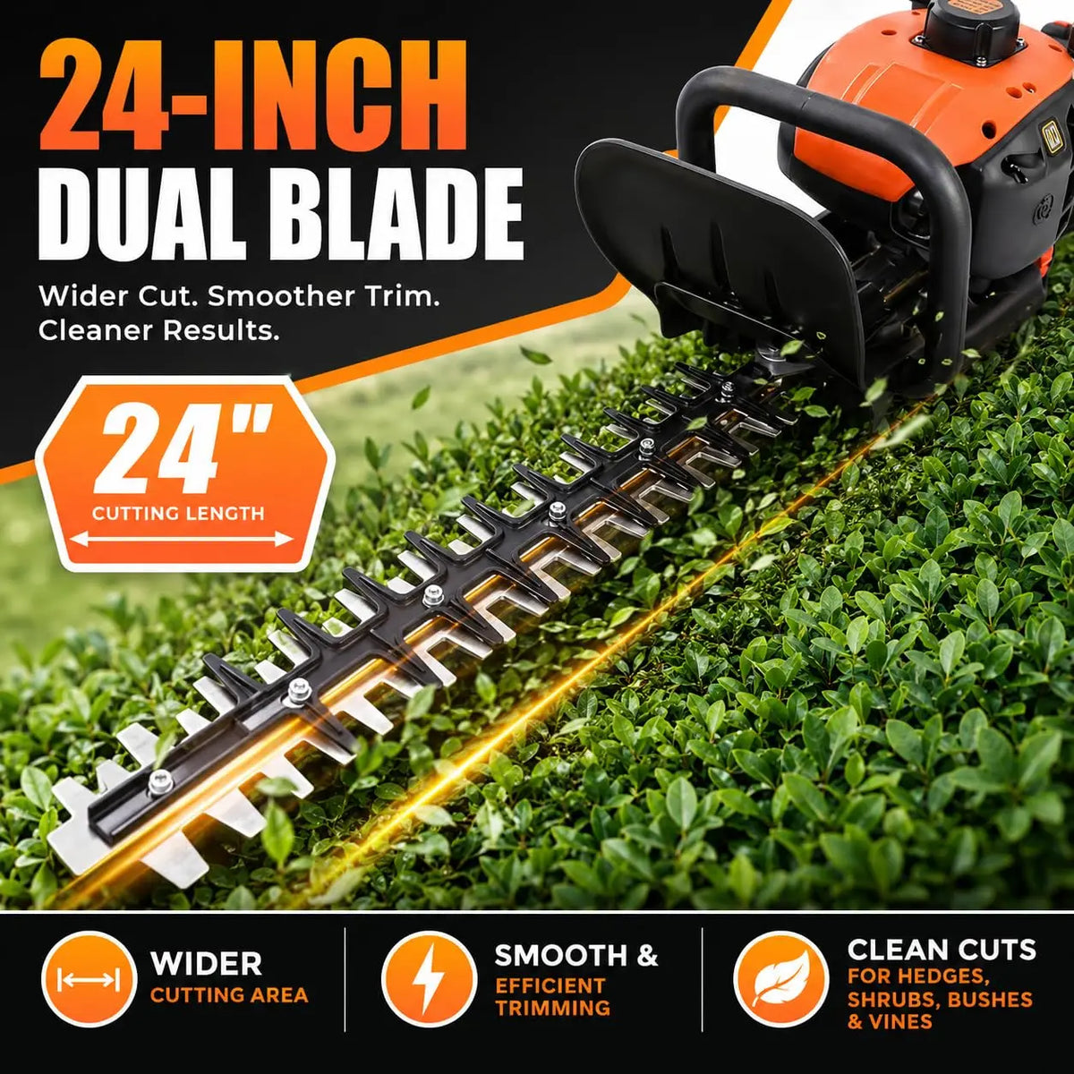 26CC Gas Hedge Trimmer 24 Inch Dual Action Blade Long Reach Cordless 2 Cycle Engine For Bushes Shrubs Branches Yard Garden Care