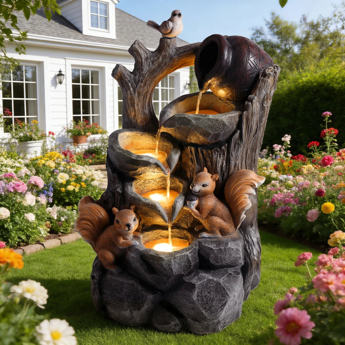 Squirrel Outdoor Water Fountain with Lights Waterfall Garden Decor Resin Tree Stump Pouring Jug for Patio Yard Porch   WL RR