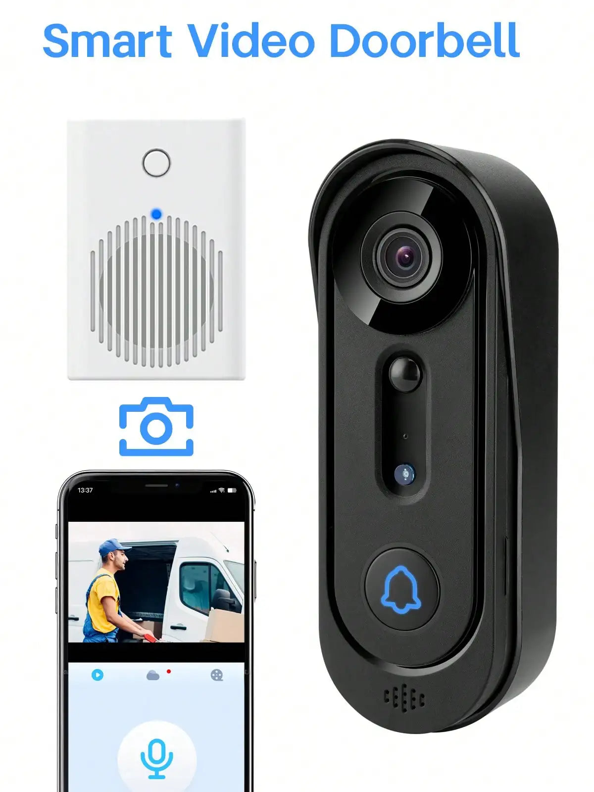 2.4GHz WiFi Video Doorbell with Indoor Chime, Weatherproof Home Security Camera, Two-Way Audio, Motion Detection & Mobile App Control
