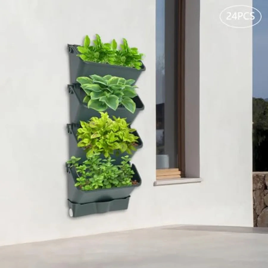24 Pocket Vertical Wall Hanging Planter for Indoor/Outdoor Use, Army Green PP Material, Auto Drip Irrigation, 154lbs Max Load,