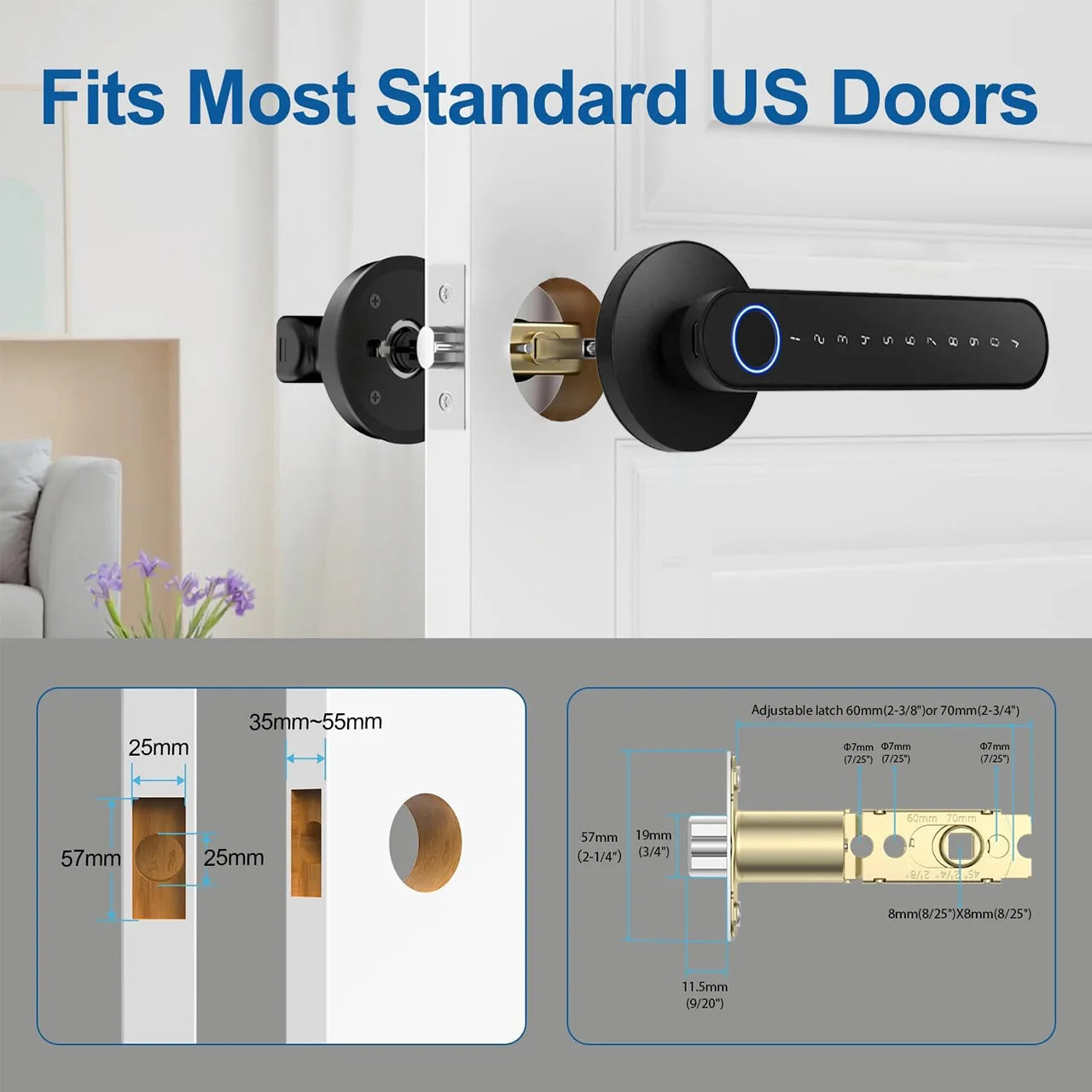 USA Standard Smart Lever Door Lock, Keyless Entry Fingerprint Handle Lock for Bedroom, Front Door & Apartment with Remote Passco