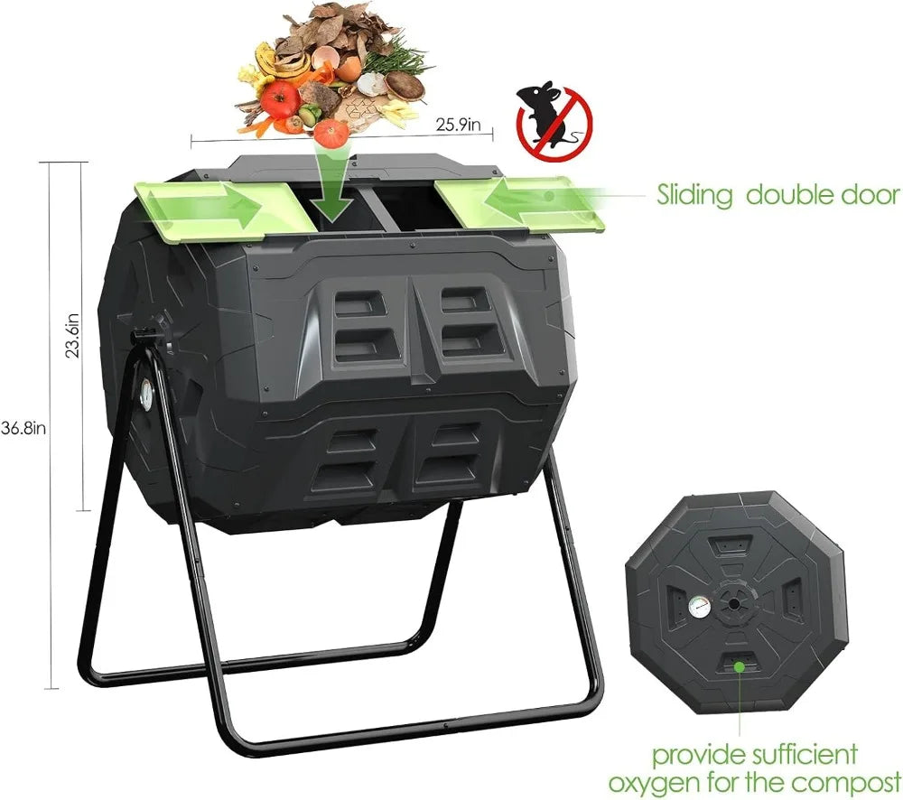 Compost Tumbler Bin Dual Chamber With Thermometer Outdoor