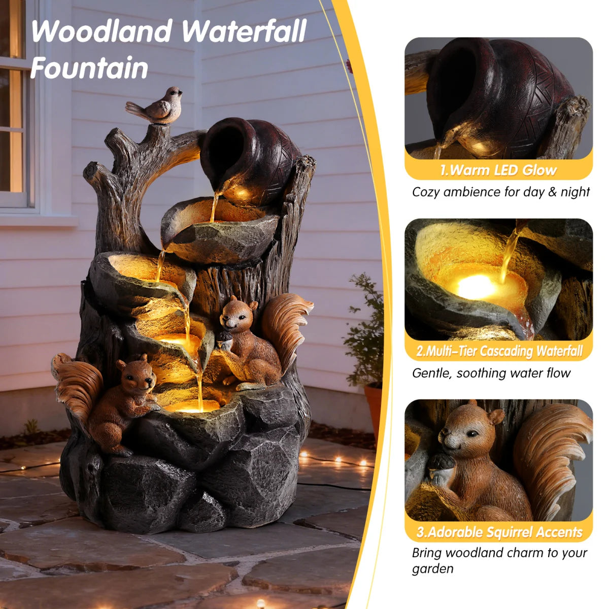 Squirrel Outdoor Water Fountain with Lights Waterfall Garden Decor Resin Tree Stump Pouring Jug for Patio Yard Porch   WL RR