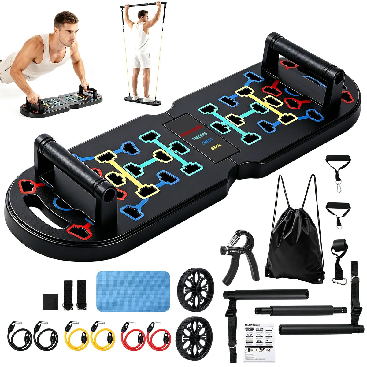 20 in 1 Portable Home Gym Workout Set Foldable Push Up Board with Resistance Bands Pilates Bar Ab Roller Hand Grip Trainer Full Body Fitness Equipment for Home Travel Exercise