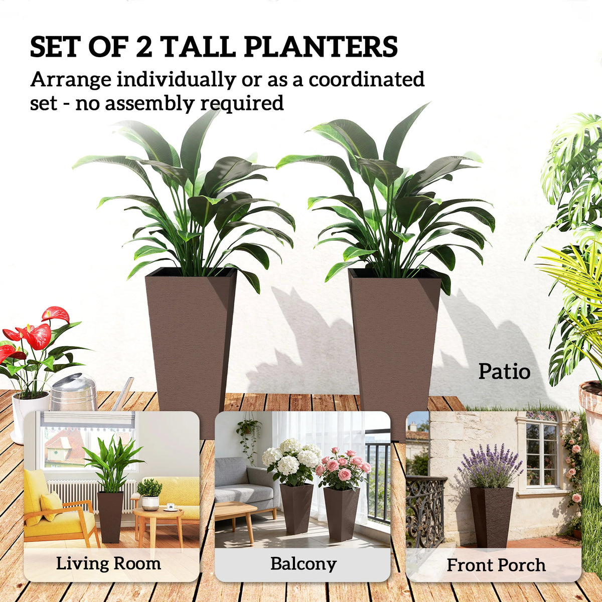 23 Inch Tall Planters, Set of 2 Tapered Outdoor Planters, Brown