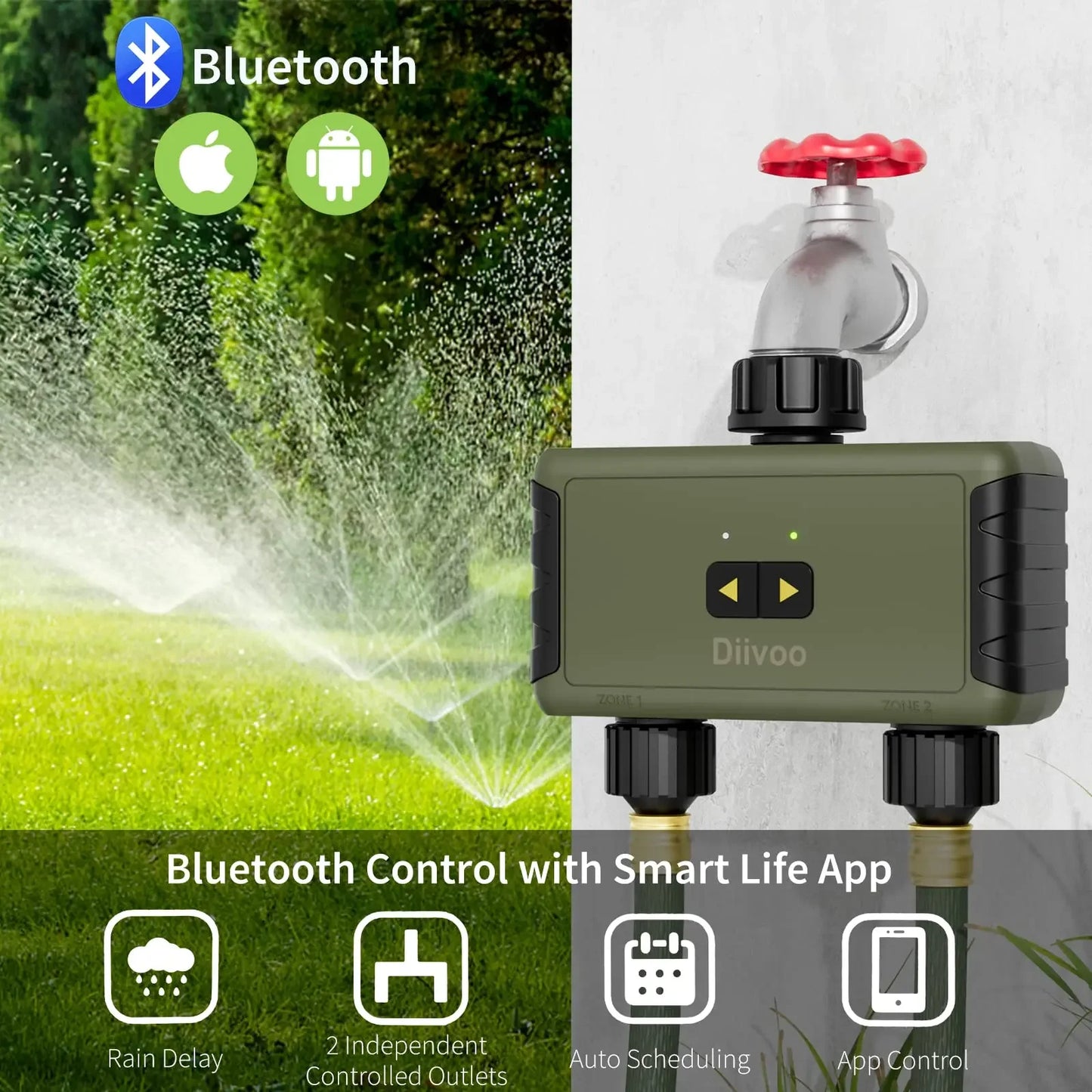 Diivoo Timed Sprinkler for Bluetooth Smart Water Timer for Garden Hose Up to 20 Separate Watering Schedules Rain Delay