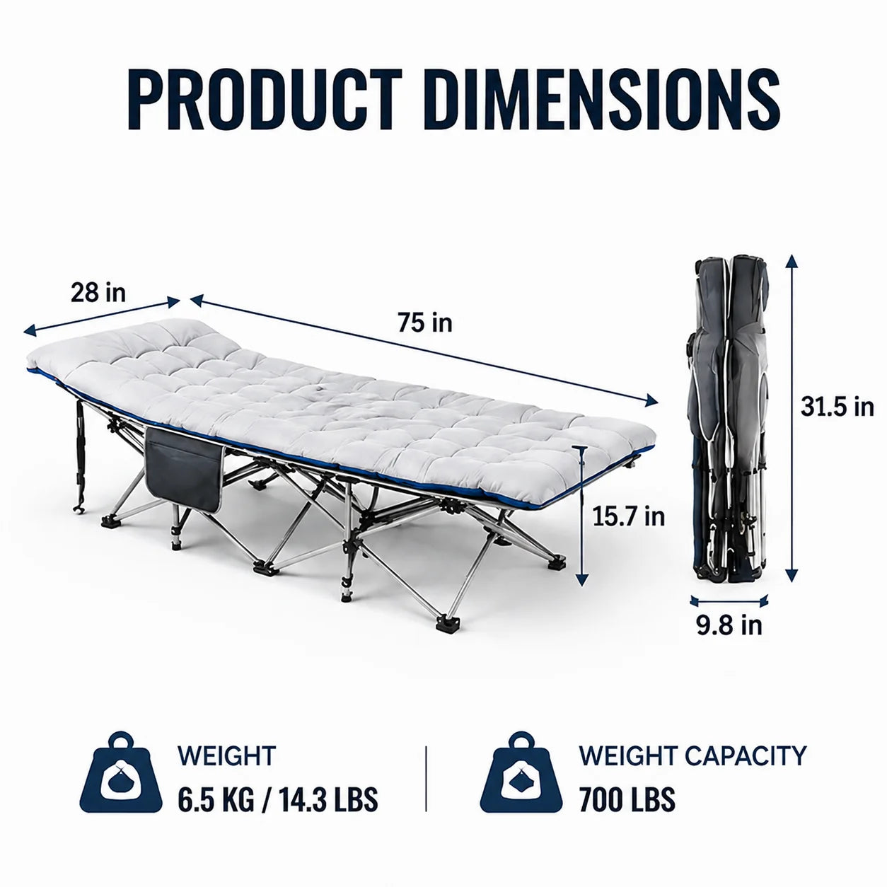 Portable Folding Camping Cot with Thick Mattress – Extra Wide Outdoor Bed with Side Pocket – No Assembly Needed, Heavy Duty Steel Frame for Tent, Hiking, Travel – Easy Carry Sleep System