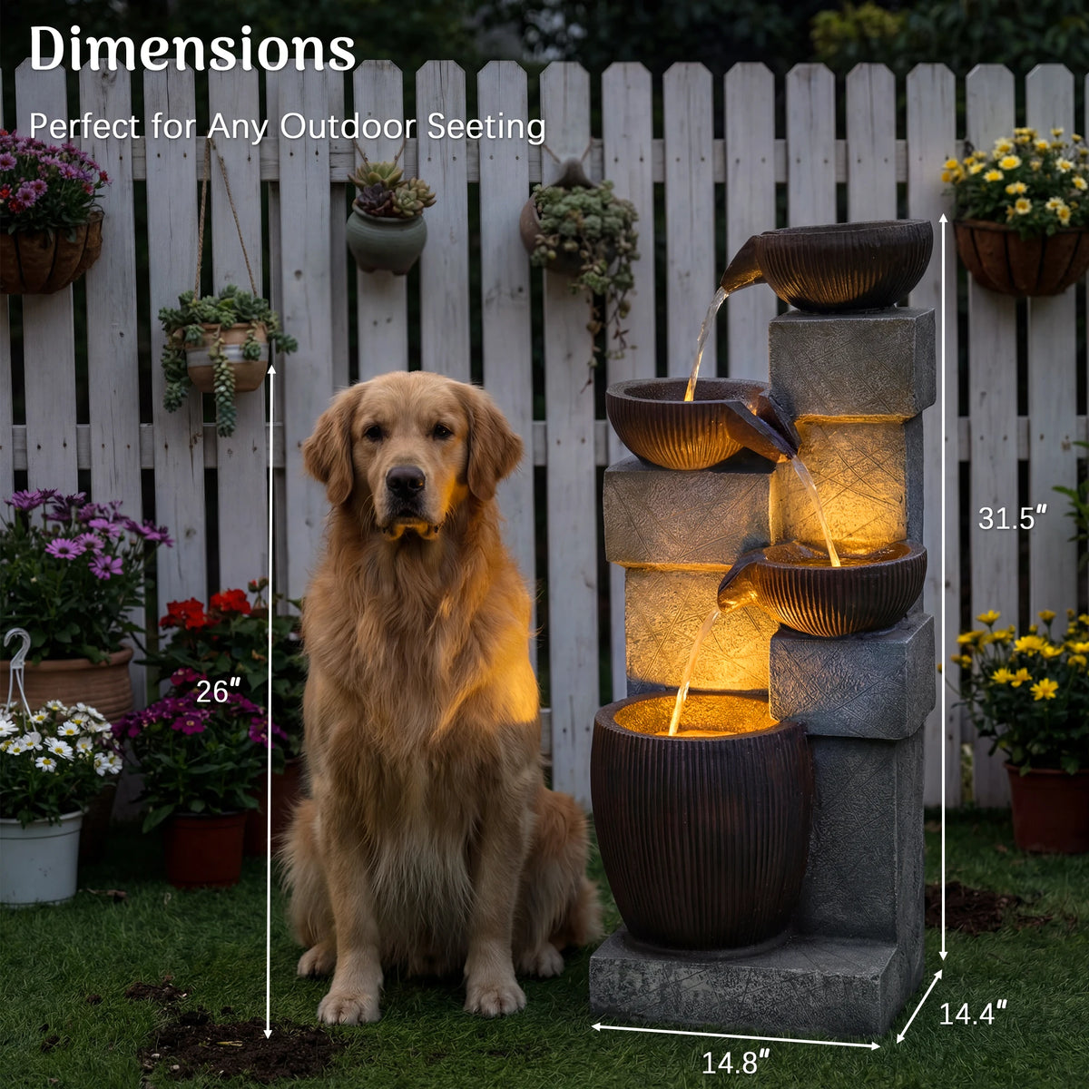 Plugin Powered 4-Tier Cascading Water Fountain with LED Lights, 14.8''W X 14.4''D X 31.5''H, Modern Stone & Bowl Resin Water Feature, Adjustable Flow Pump, Weather-Resistant for Patio, Backyard & Garden Decor