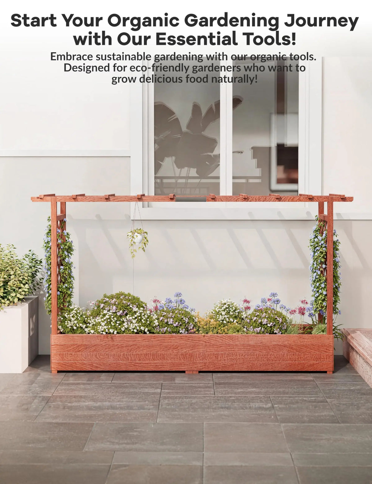 Elevated Wooden Raised Garden Bed with Trellis/Canopy/Drainage Hole Freestanding Planter Box for Climbing Plants Vines Blossoms