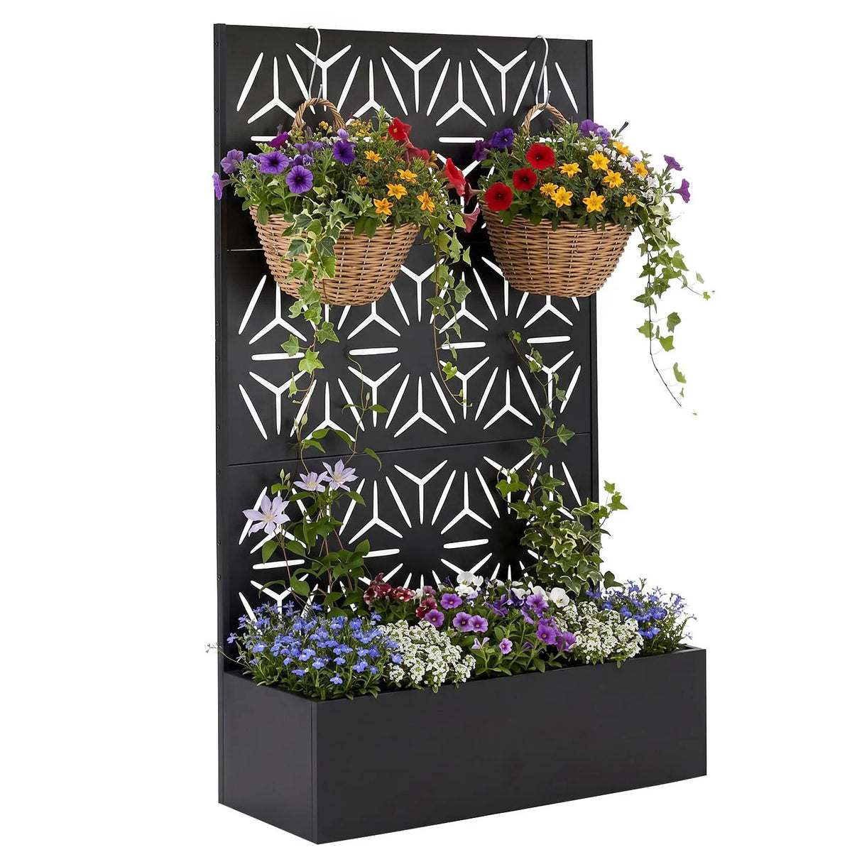 71in Tall Metal Raised Planter Box with Trellis & Privacy Screen Divider - Carbon Steel Outdoor Garden Bed - Drainage Holes - For Climbing Plants, Vines & Vegetables