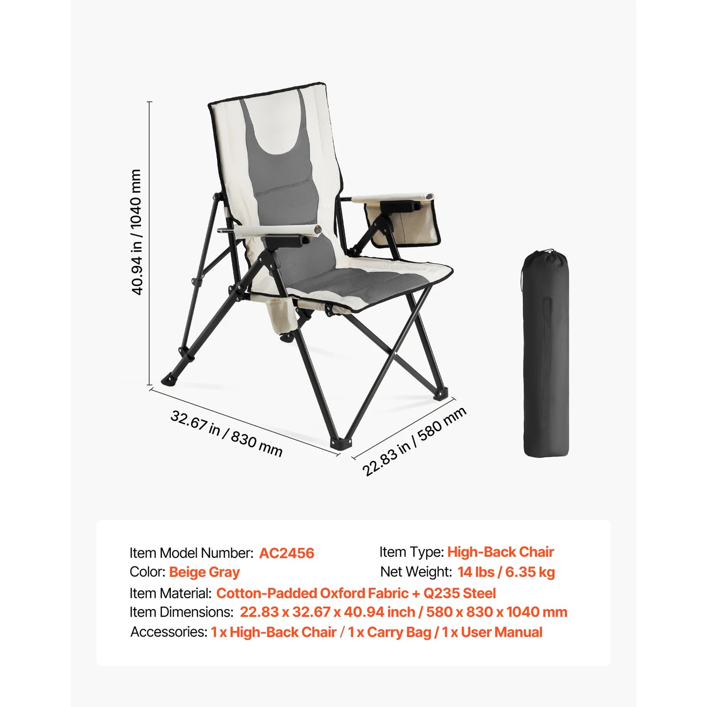 SucceBuy Folding Camping Chair, Outdoor High Back Chair Full Padded Beach Chairs with Armrest & Headrest Portable Lawn Chairs
