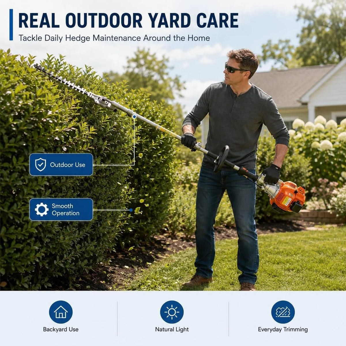 43cc Gas Hedge Trimmer 4 in 1 Garden Tool Long Reach Pole Trimmer Adjustable Cutting Head Brush Cutter Lawn Care Tool Quick Connect Attachment System