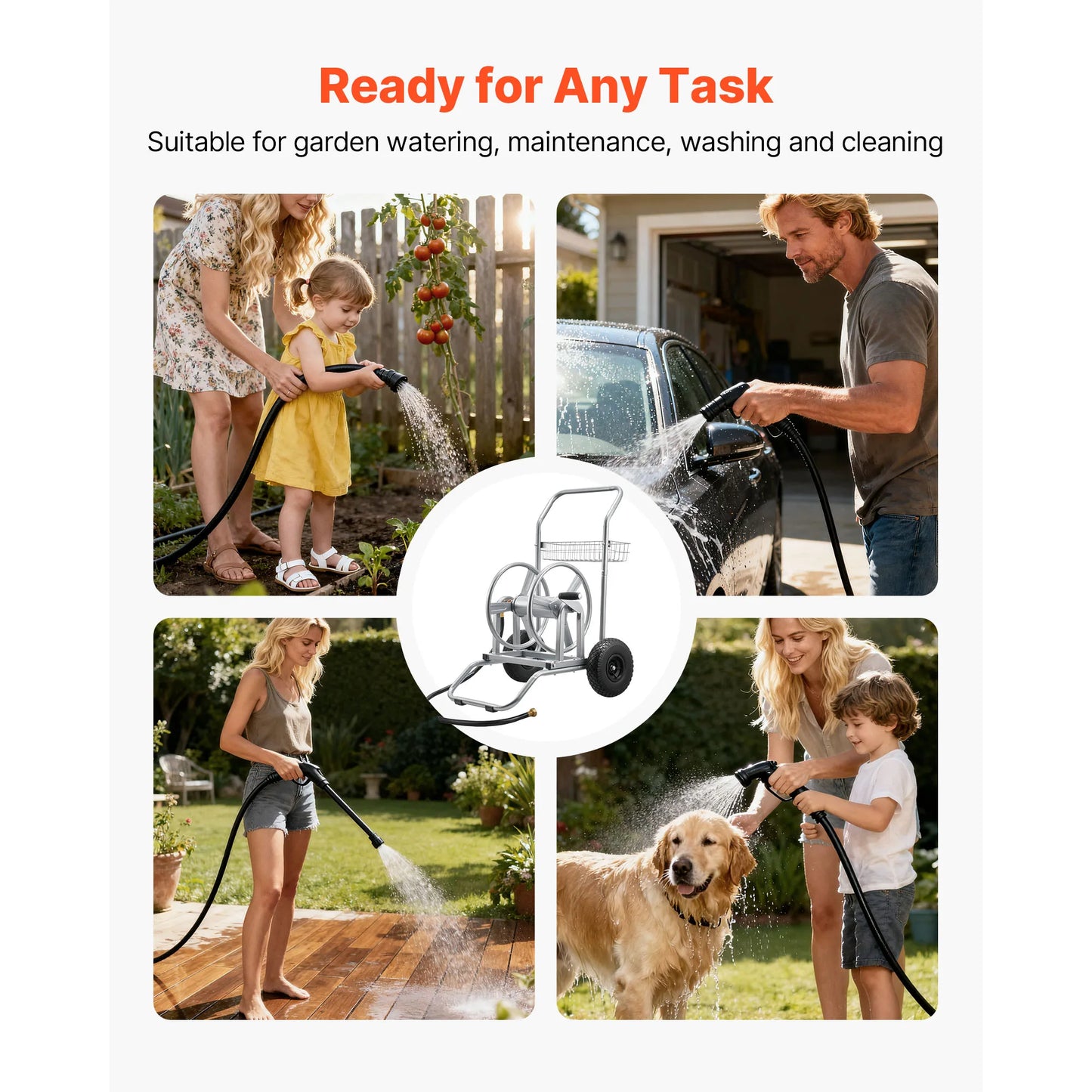 SucceBuy Water Hose Reel Cart 200/300ft High-Pressure Garden Hose Cart with Two Wheels Handle & Mesh Storage Basket for Garden