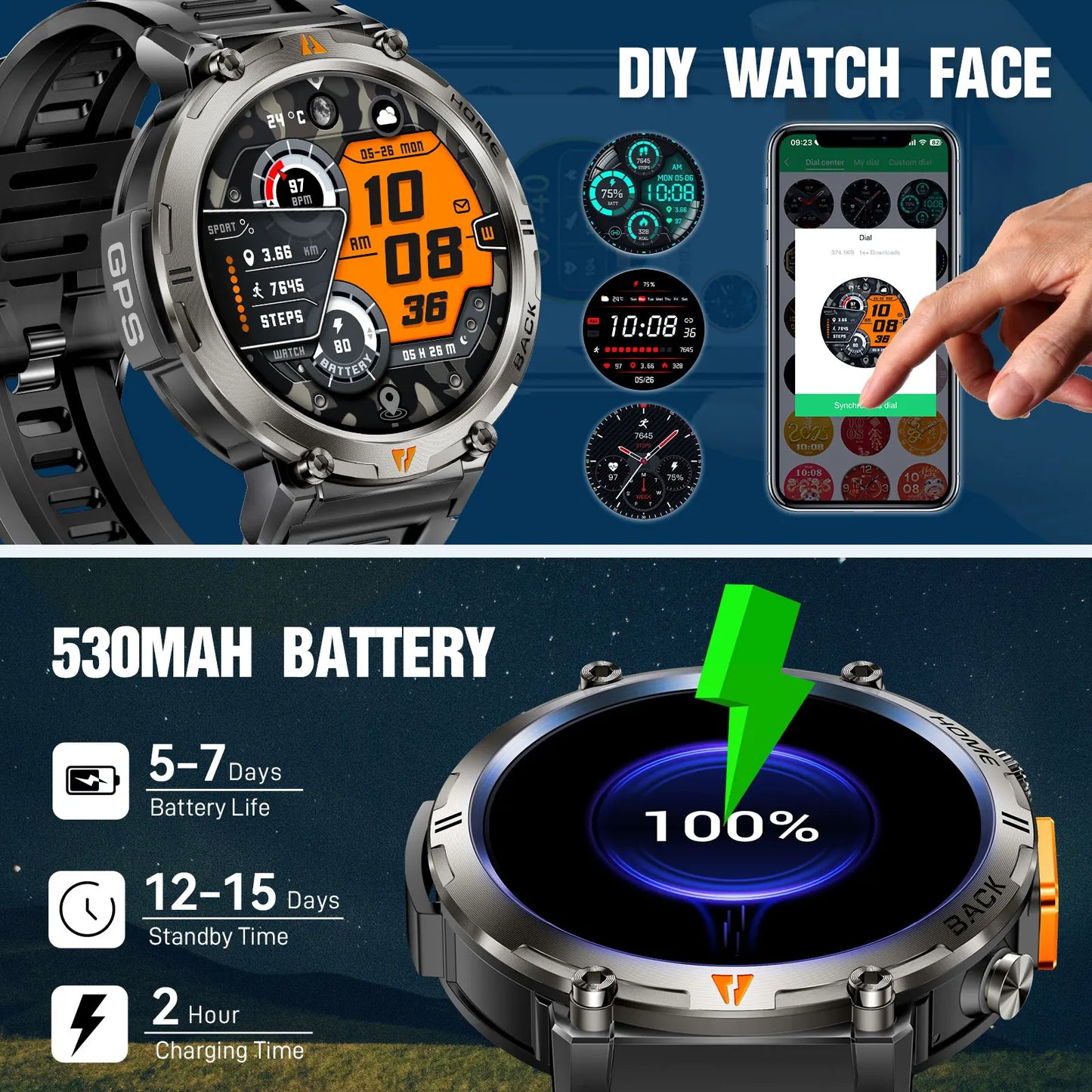 EIGIIS KE3 Smartwatch For Men Health Monitor Heart Rate Bluetooth