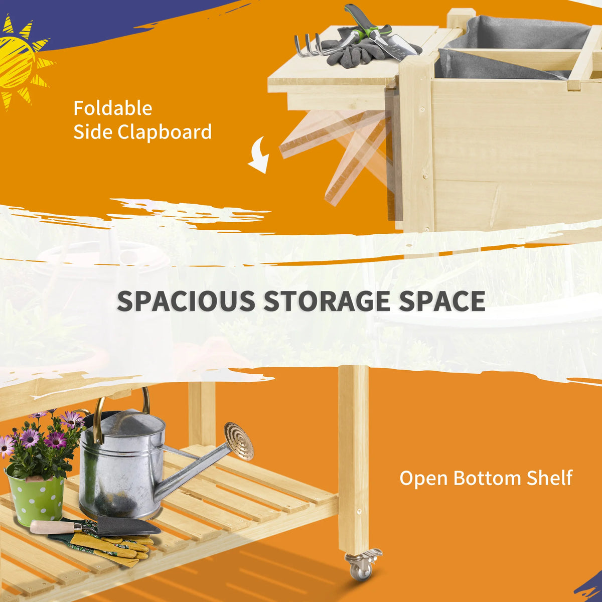 Raised Garden Bed Planter Box w/ 8 Grow Grids, Storage Shelf & Lockable Wheels