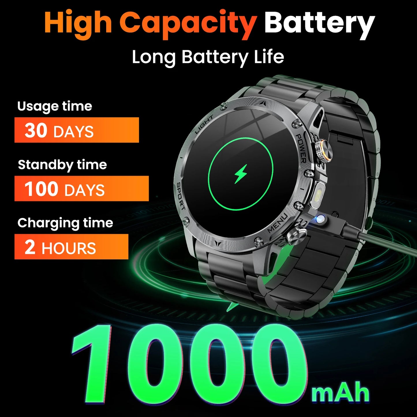 Military Smartwatch For Men 100 Plus Sport Modes Waterproof Bluetooth