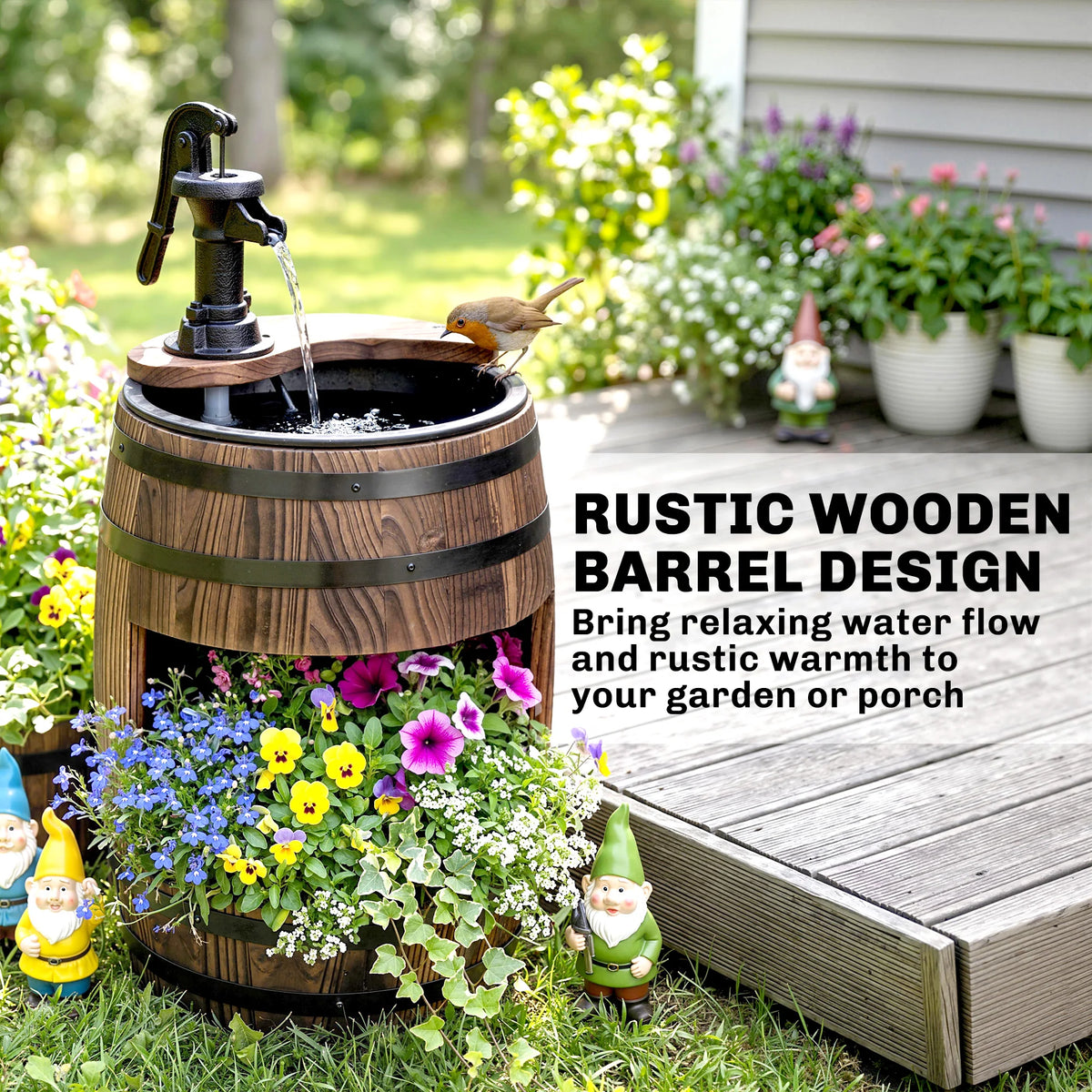 2 Tiers Outdoor Wooden Water Pump Fountain, Patio Decor, Durable Sturdy