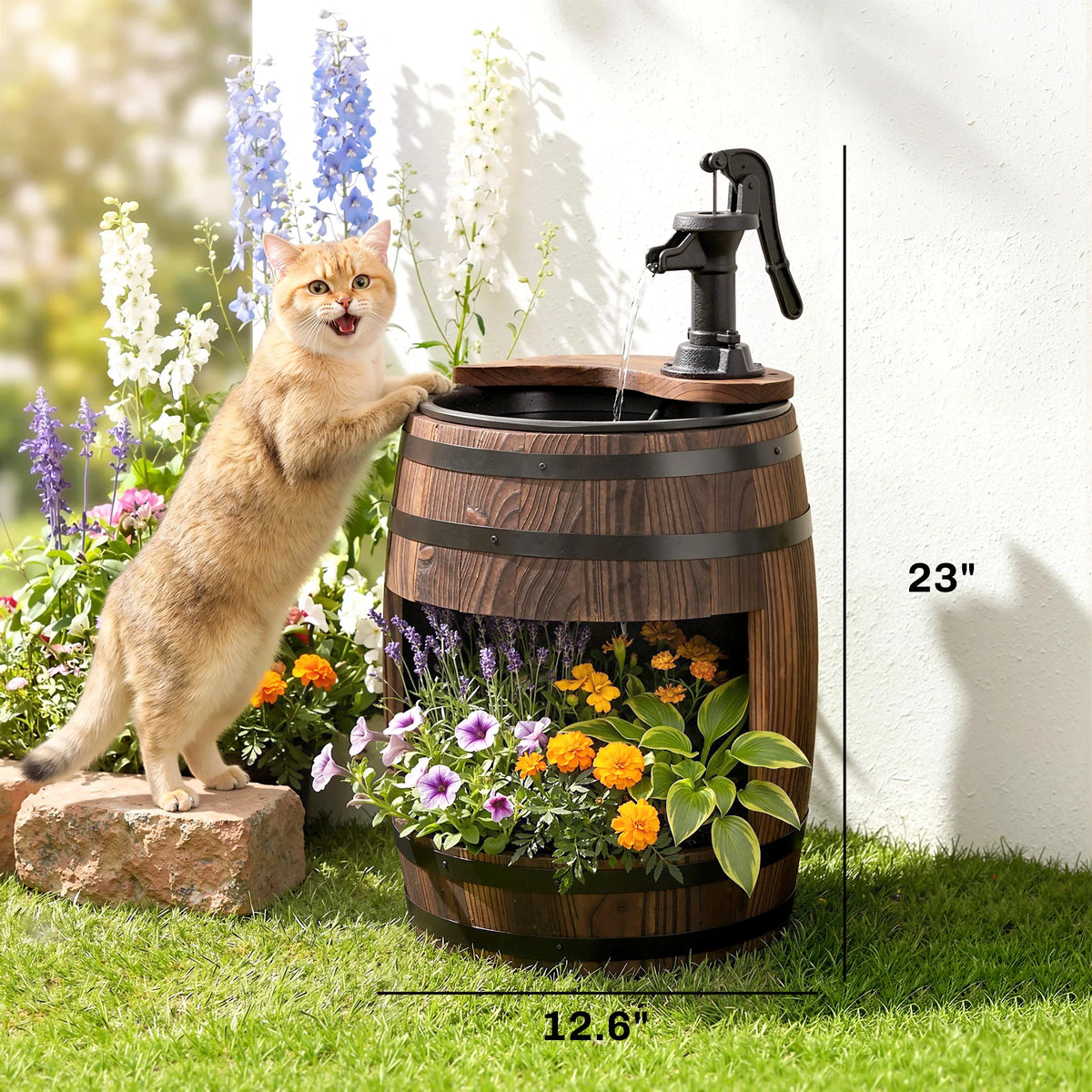 2 Tiers Outdoor Wooden Water Pump Fountain, Patio Decor, Durable Sturdy