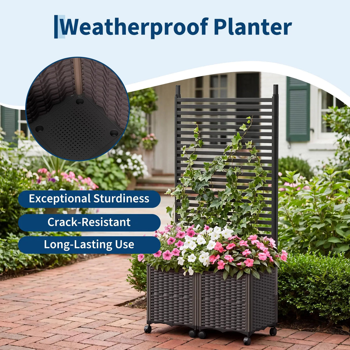 HiMISS Outdoor Planter Box With Trellis Wheels Privacy Screen