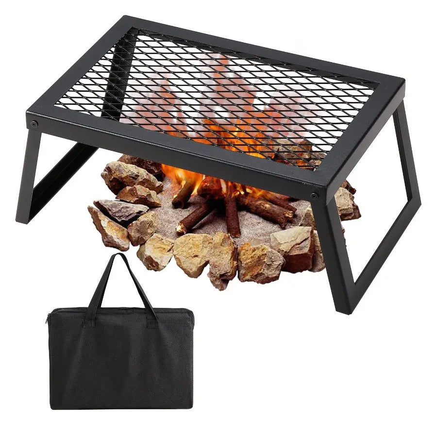 Folding Campfire Grill Heavy Duty Steel Mesh Grate 18 Portable Camping Grates Over Fire Pit Camp Fire Cooking Equipment with Le