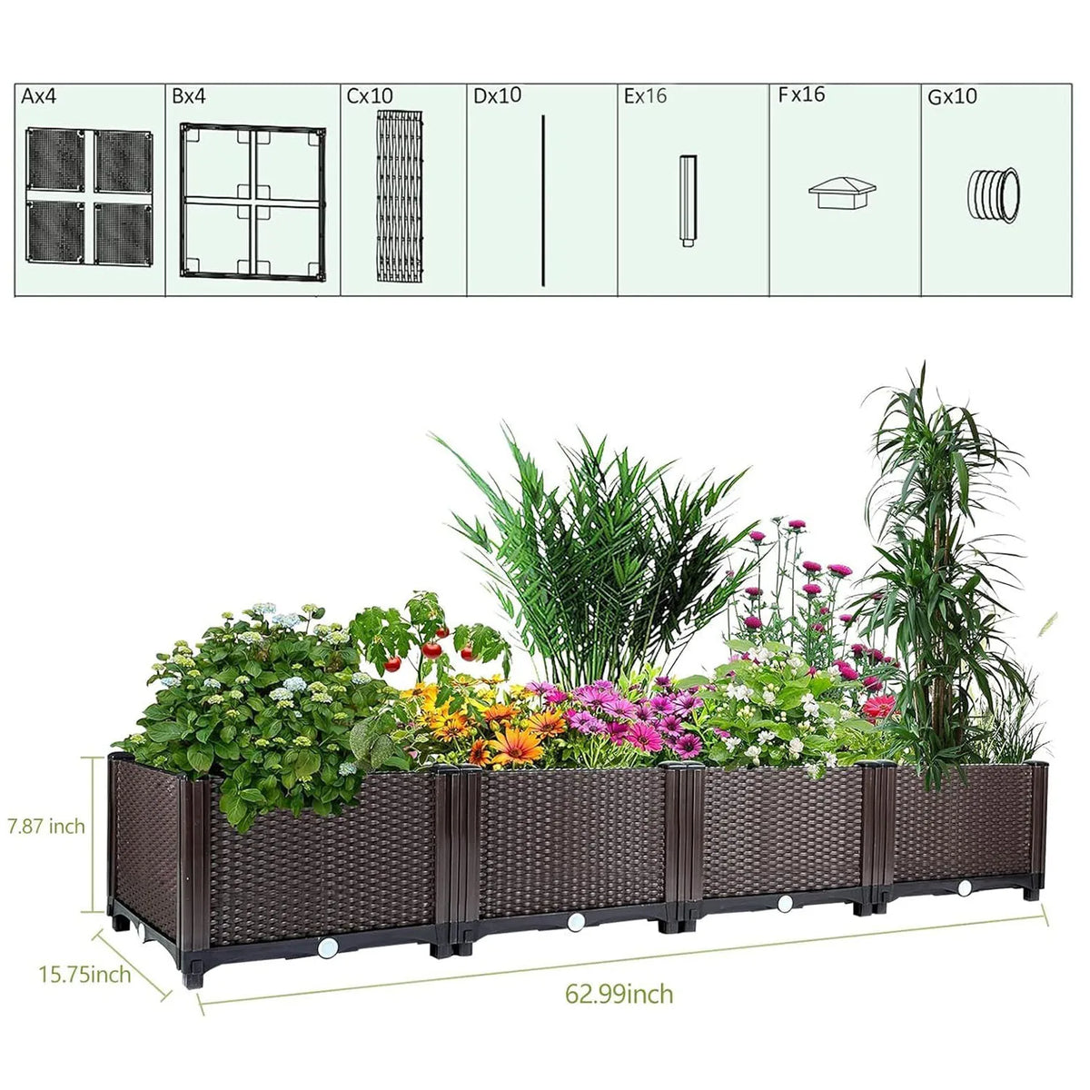 Self-Watering Raised Garden Bed – 160cm Large Plastic Planter Box with Deep Rectangular Rattan Design, Drainage Plug, Weather-Resistant for Outdoor & Indoor Vegetables, Flowers, Herbs, Patio, Balcony