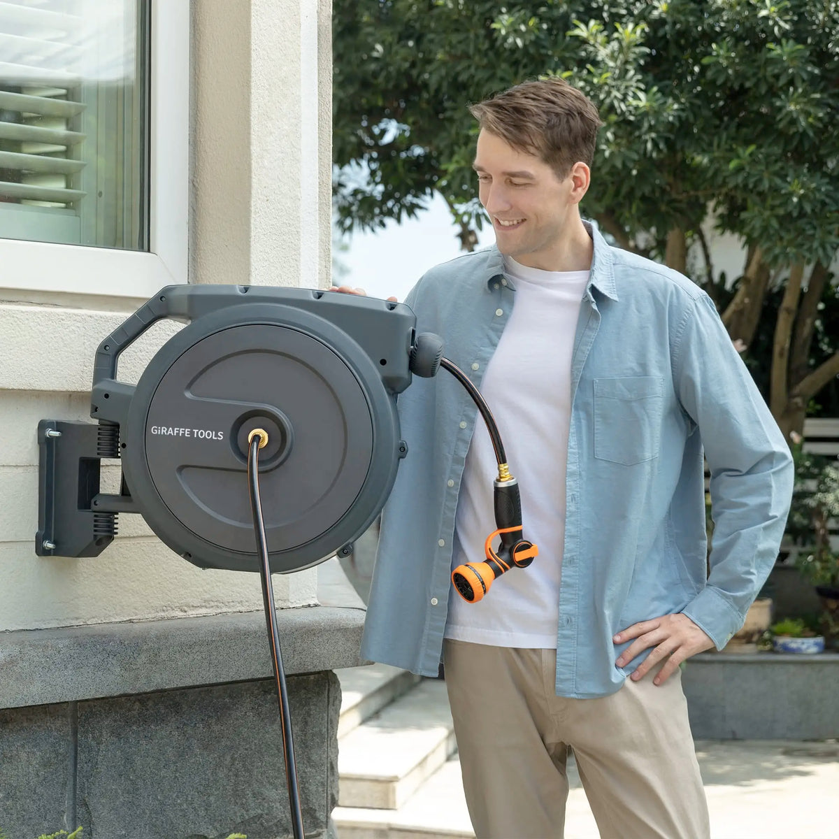 Giraffe Tools Hose Reel 1/2‘’ 78 ft, Heavy Duty Retractable Garden Hose Reel with Any Length Lock, Slow Return System, Wall Mounted and 180 Deg Swivel Bracket