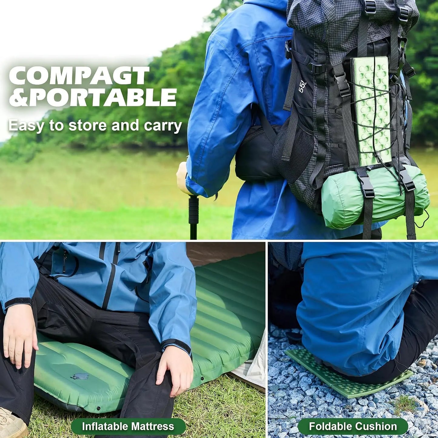 Complete Hiking Camping Backpack Set with Inflatable Sleeping Pad, Trekking Poles, Monocular, Water Filter Bottle & LED Headlamp - Outdoor Adventure Gear