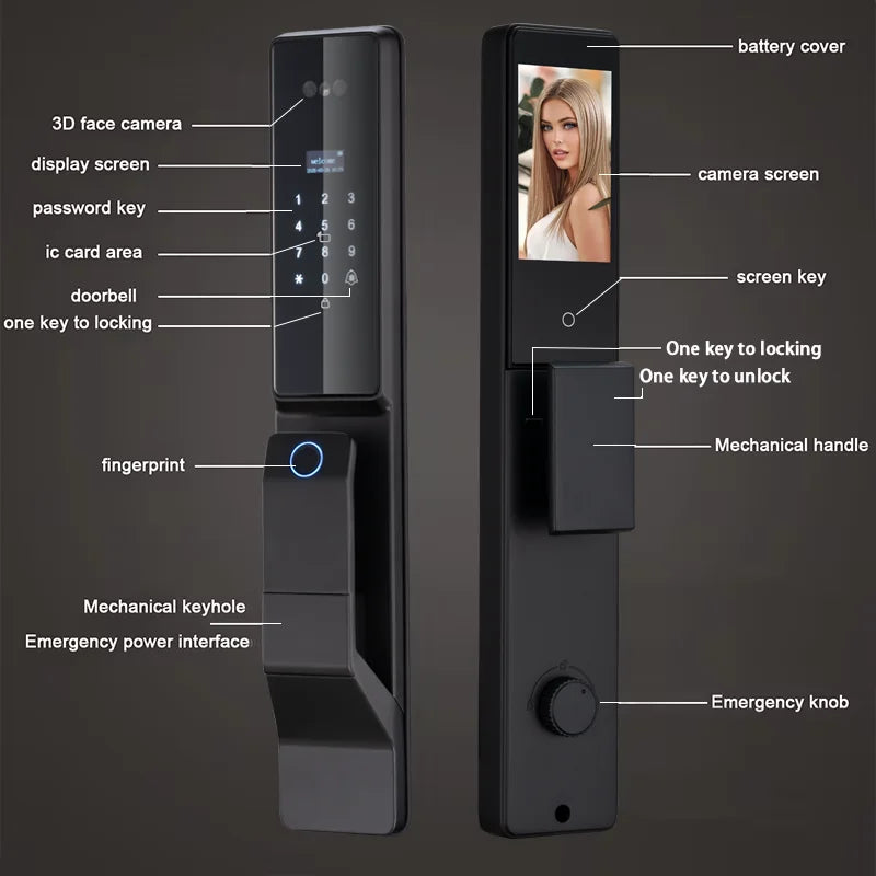 Alexa Voice Control Smart Door Lock Tuya APP 3D Face Recognition Electronic Digital Smart Door Lock With Camera
