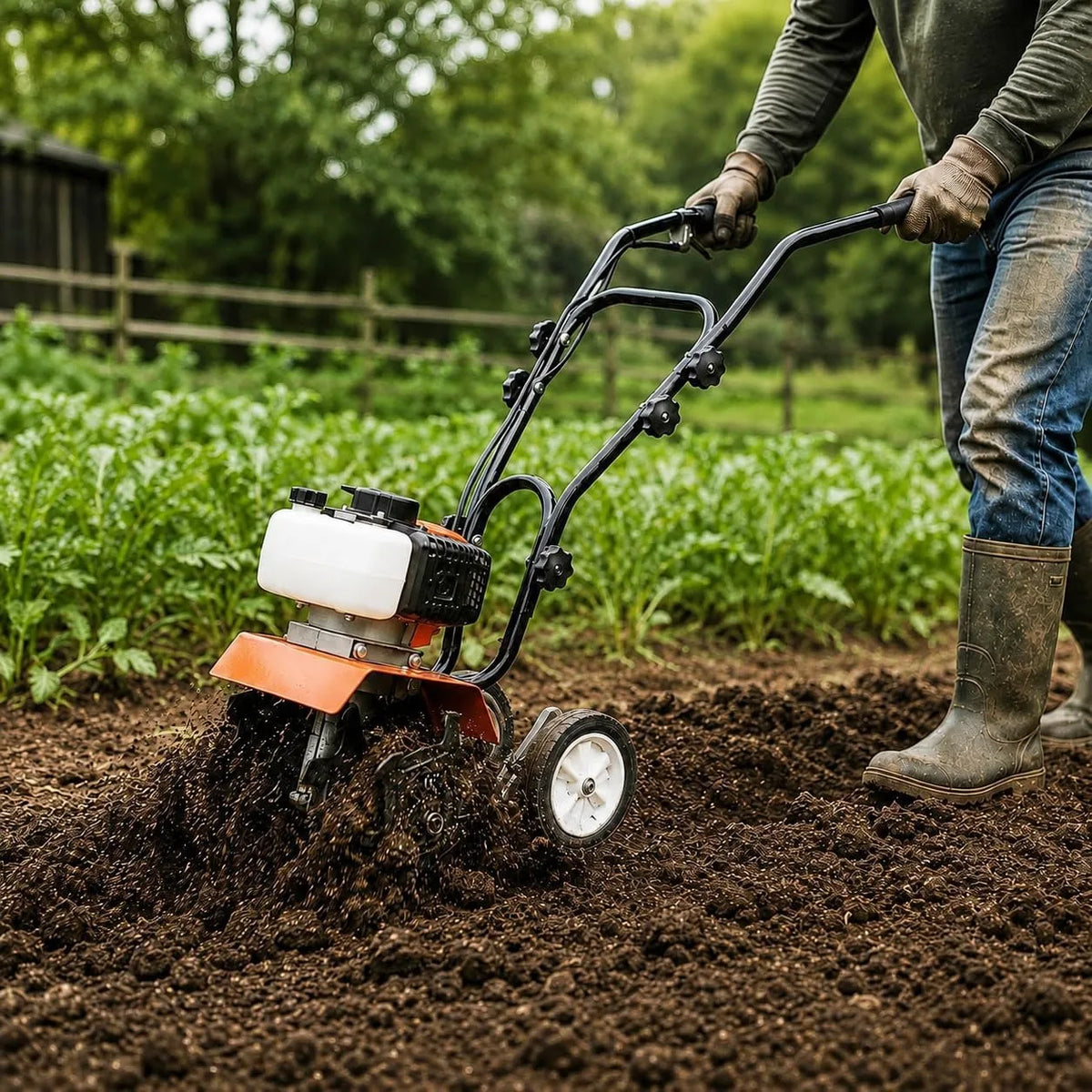 52CC Gas Powered Tiller Cultivator 2 Stroke Engine Garden Rototiller with Adjustable Steel Tines 11.8 Inch Working Width Soil Cultivator for Vegetable Garden Flower Bed Yard Field Farming