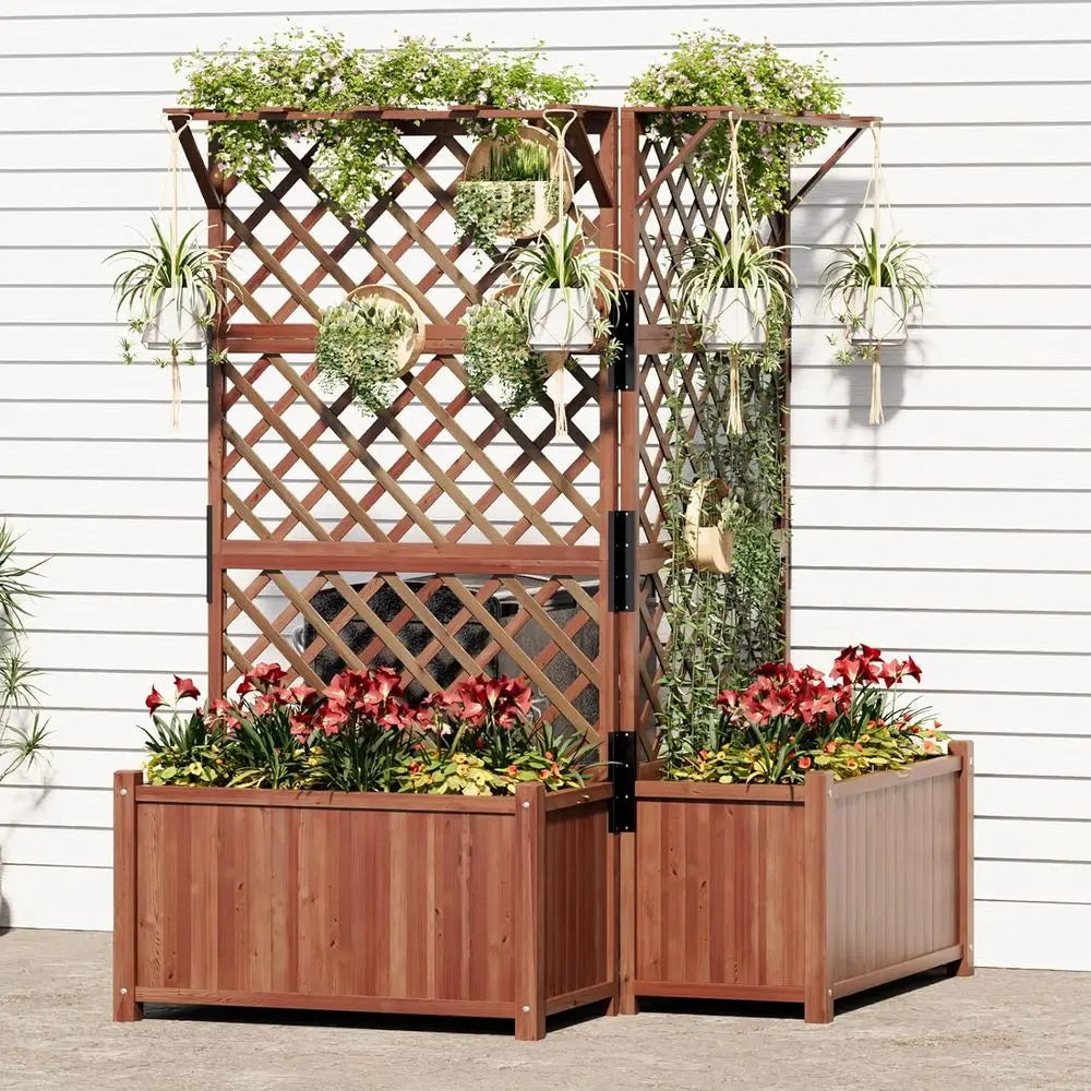Raised Garden Beds with Trellis by AMERLIFE - 2-Pack Wooden Planters for Vegetables and Climbing Plants, Durable, Drainage Holes