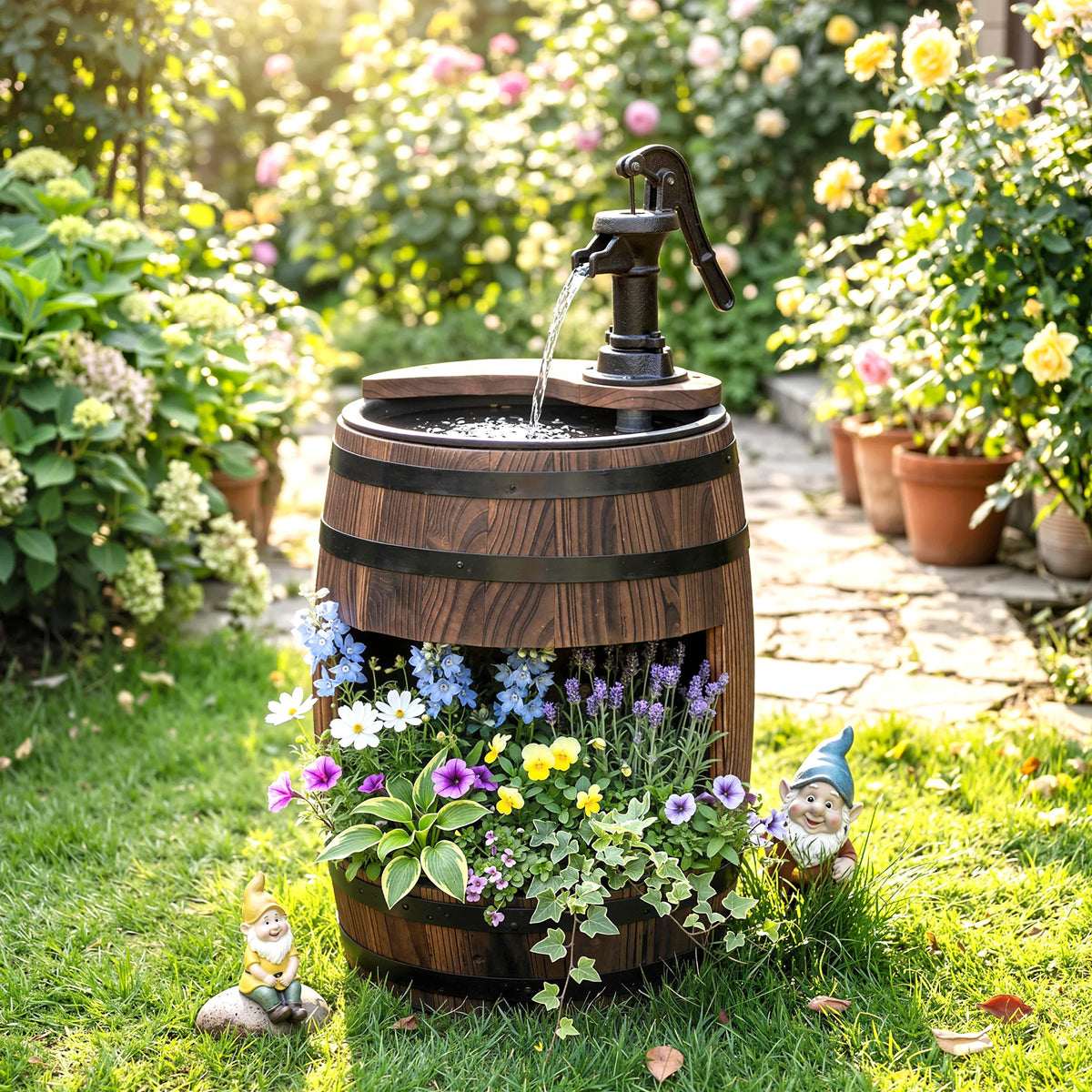 2 Tiers Outdoor Wooden Water Pump Fountain, Patio Decor, Durable Sturdy